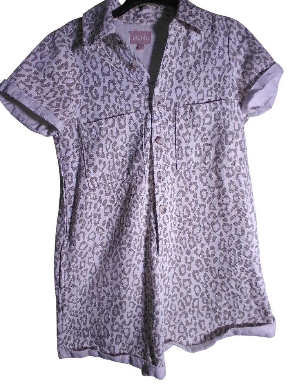Mumu Animal Print Denim Jean Romper Pockets Pockets Summer